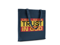 Navy blue tote bag with 'Chill Out & Trust In God' text in yellow and red on a white background