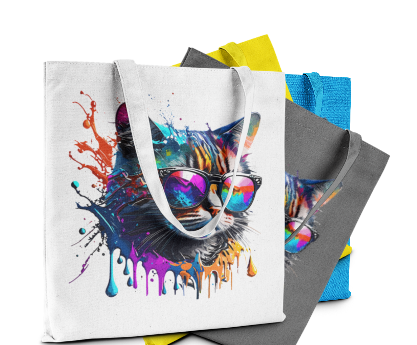 Tote bag with a colorful cat design and sunglasses, surrounded by additional fabric samples.
