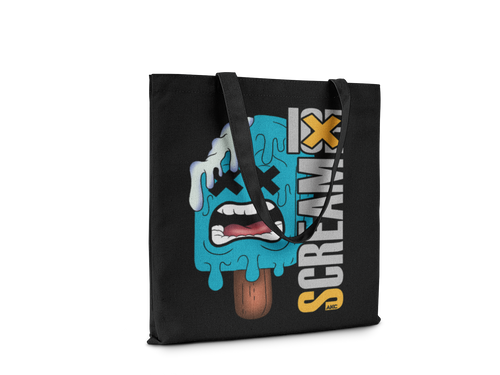 Black tote bag with a colorful graphic design on a white background