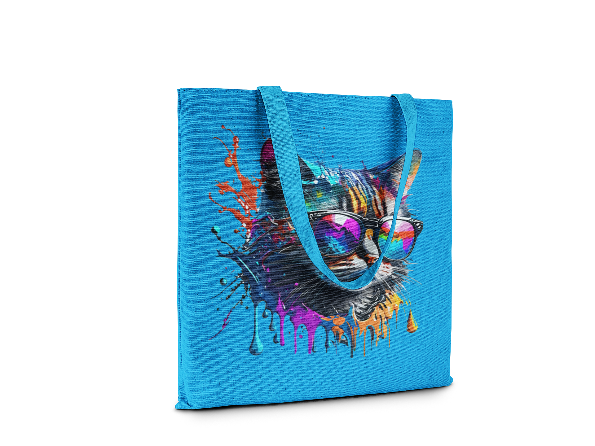 Blue tote bag with a colorful cat design on a white background