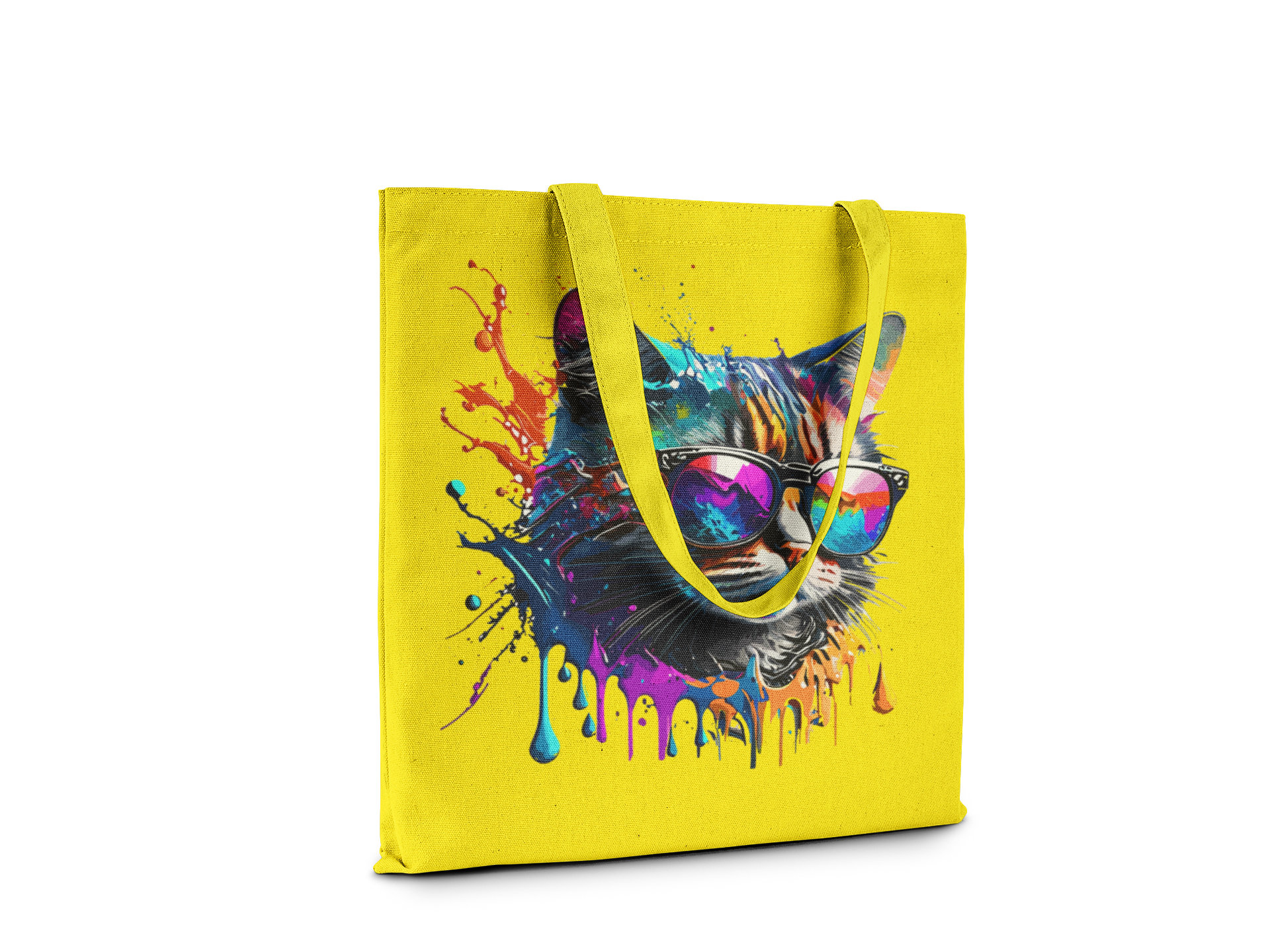 Yellow tote bag with a colorful cat design on a white background