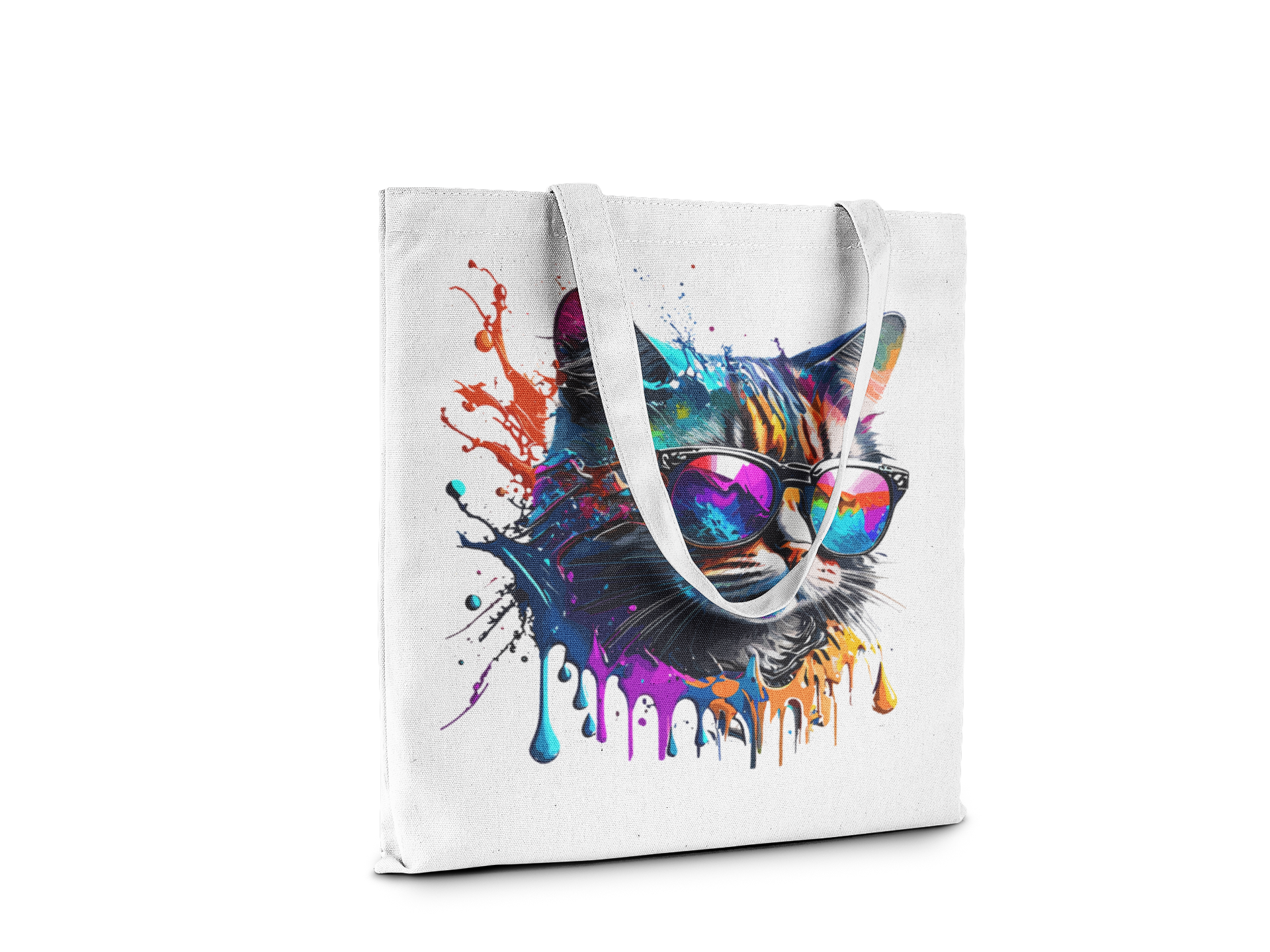 Tote bag with a colorful cat design on a white background