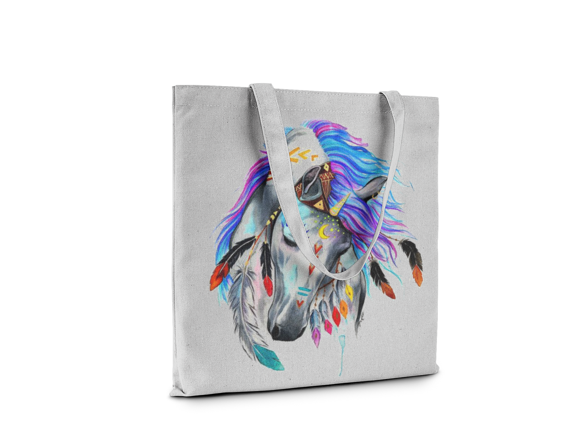 Tote bag with a colorful horse design on a white background