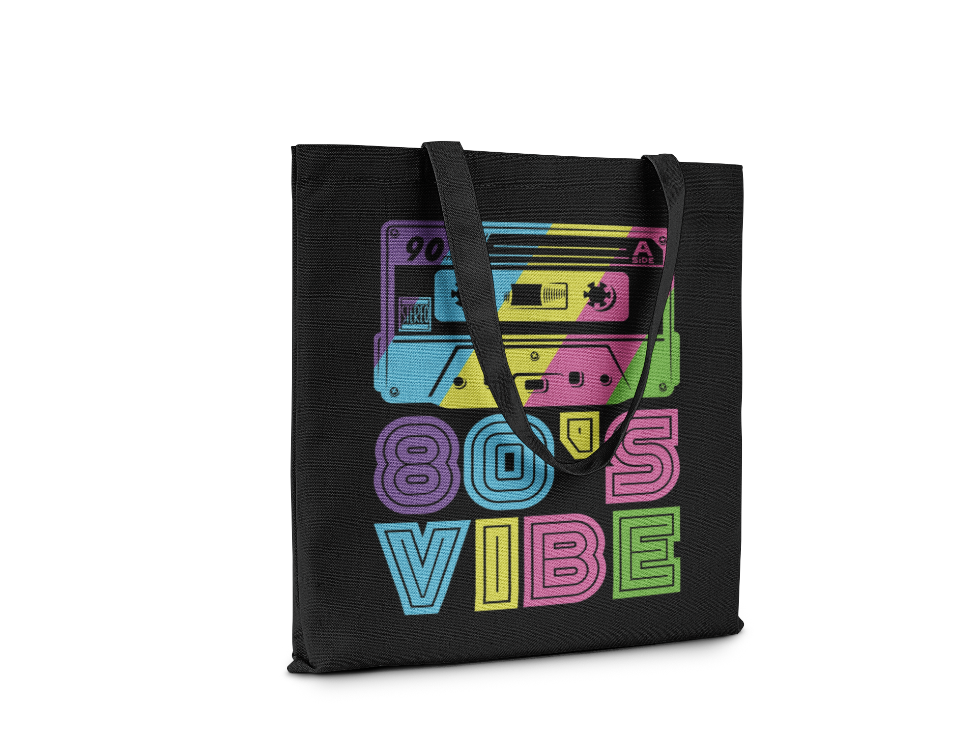 80's Vibe Reusable Shopping Tote Bag, Black with Colorful Cassette Tape Design, 15x16 Inches