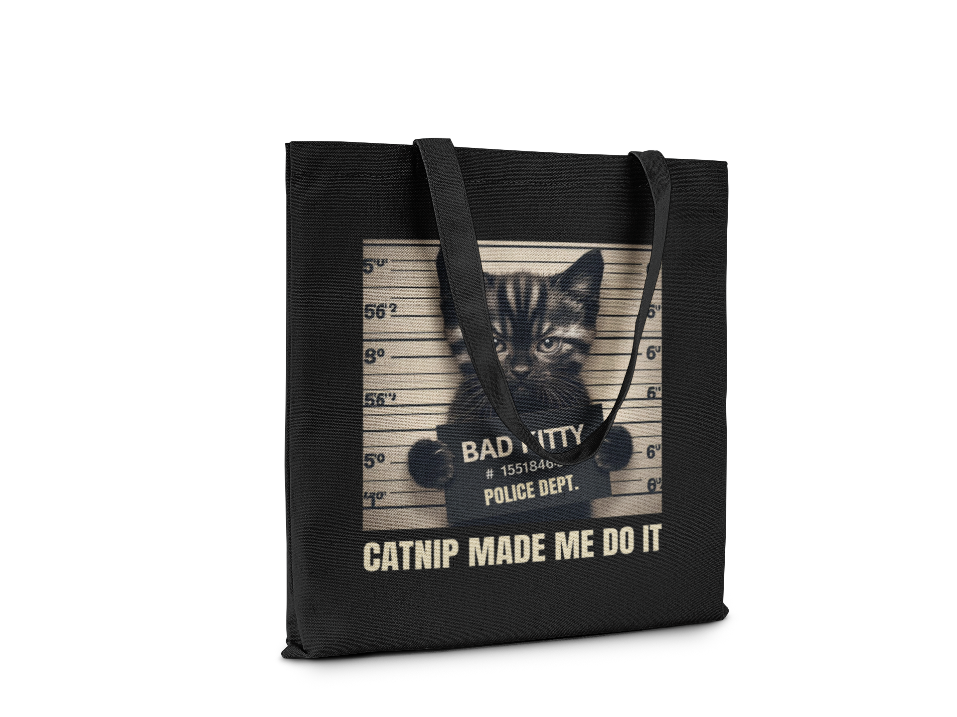Black tote bag with a kitten graphic and text on a white background