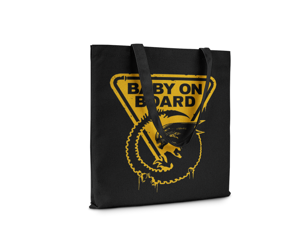 Black tote bag with yellow 'Baby on Board' graphic on a white background
