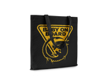 Black tote bag with yellow 'Baby on Board' graphic on a white background