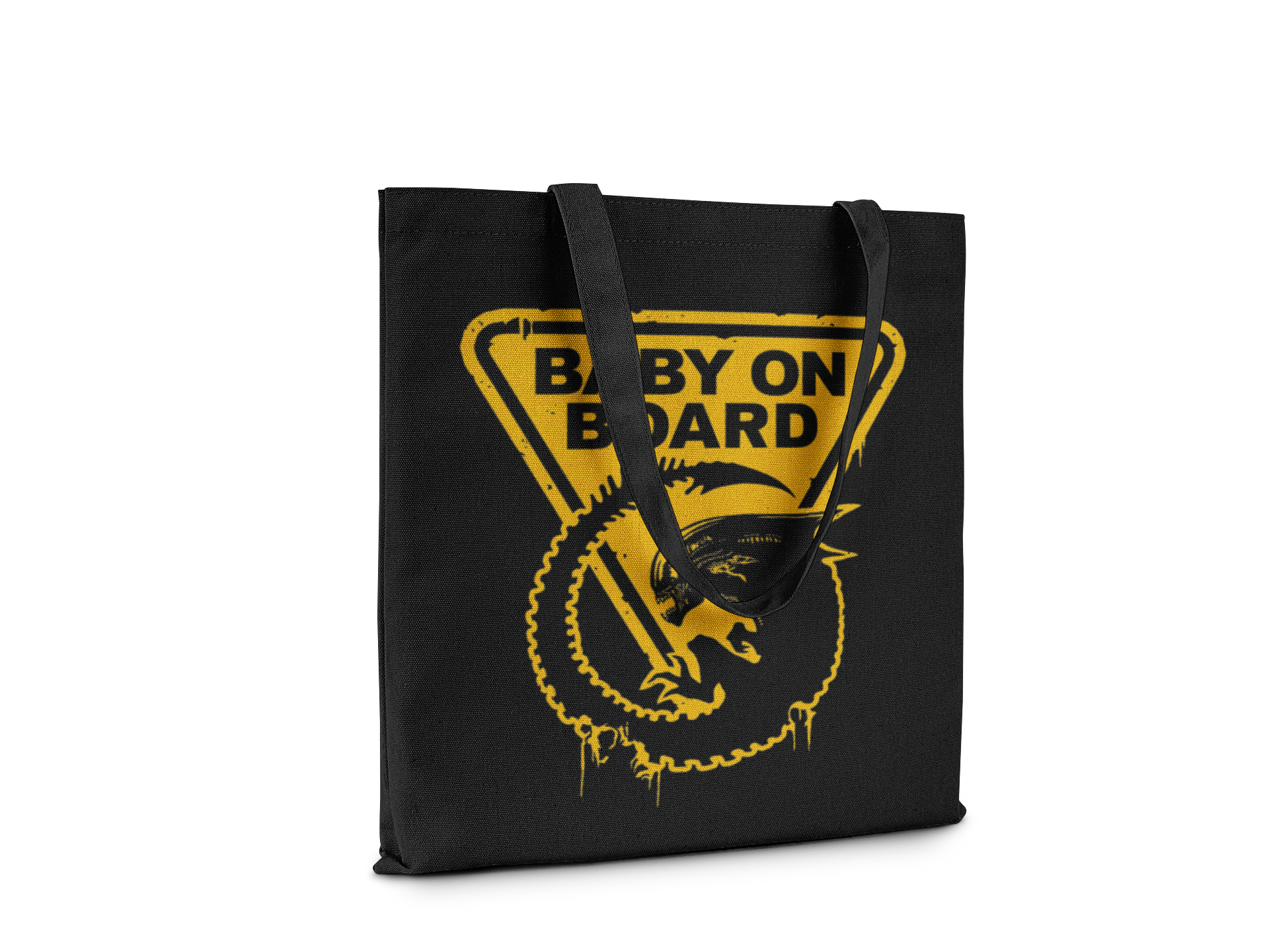 Black tote bag with yellow 'Baby on Board' graphic on a white background