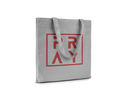 Gray tote bag with red 'PRAY' text on a white background