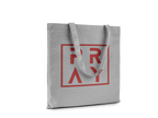 Gray tote bag with red 'PRAY' text on a white background