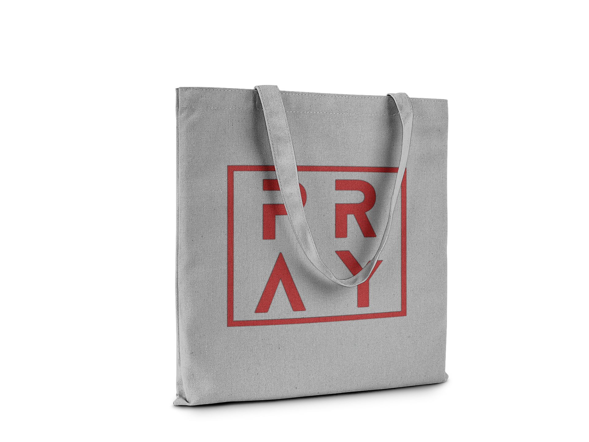 Gray tote bag with red 'PRAY' text on a white background