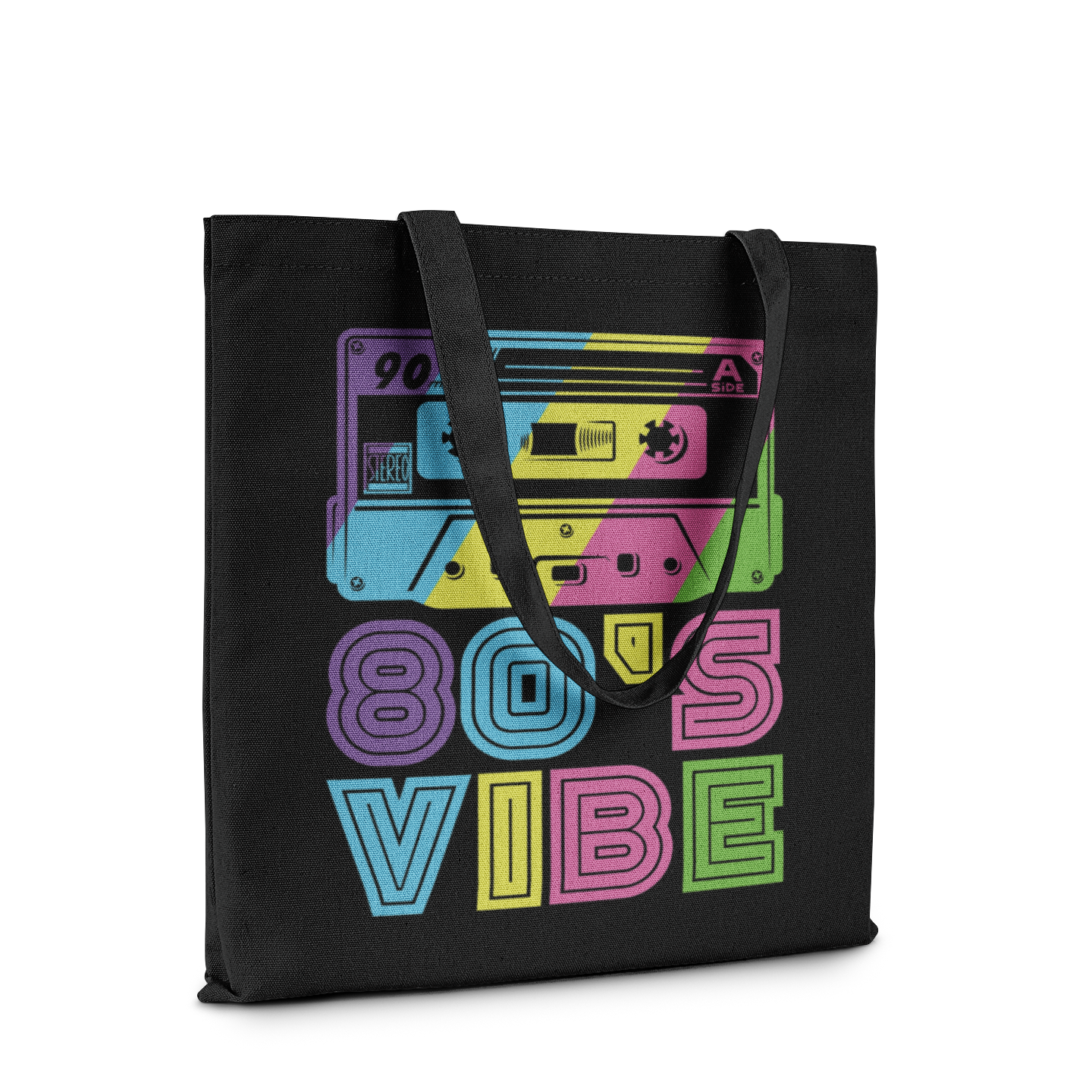 Black tote bag with colorful '80s Vibe' design featuring cassette tapes on a white background