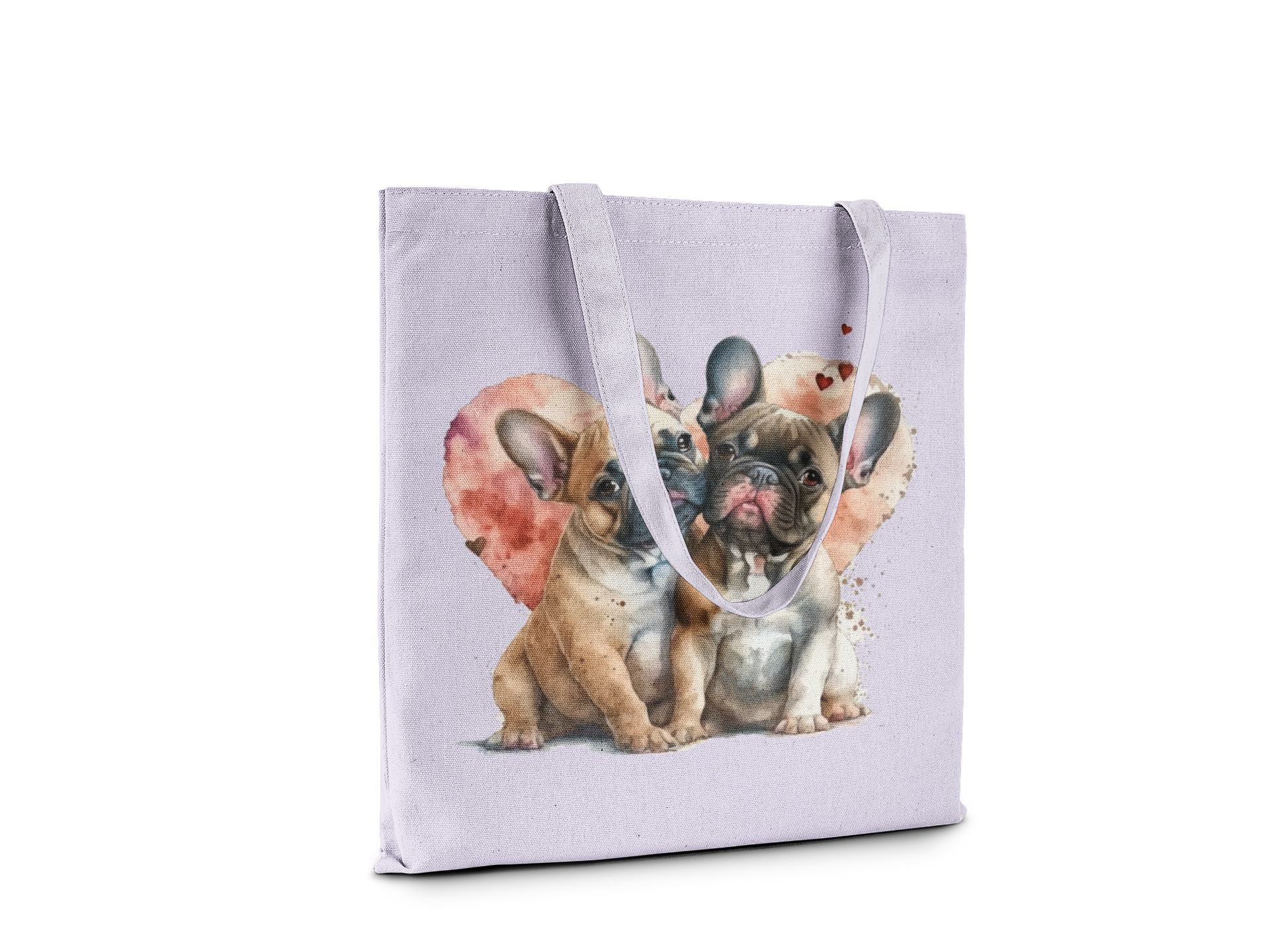 Tote bag with illustrations of dogs on a light purple background