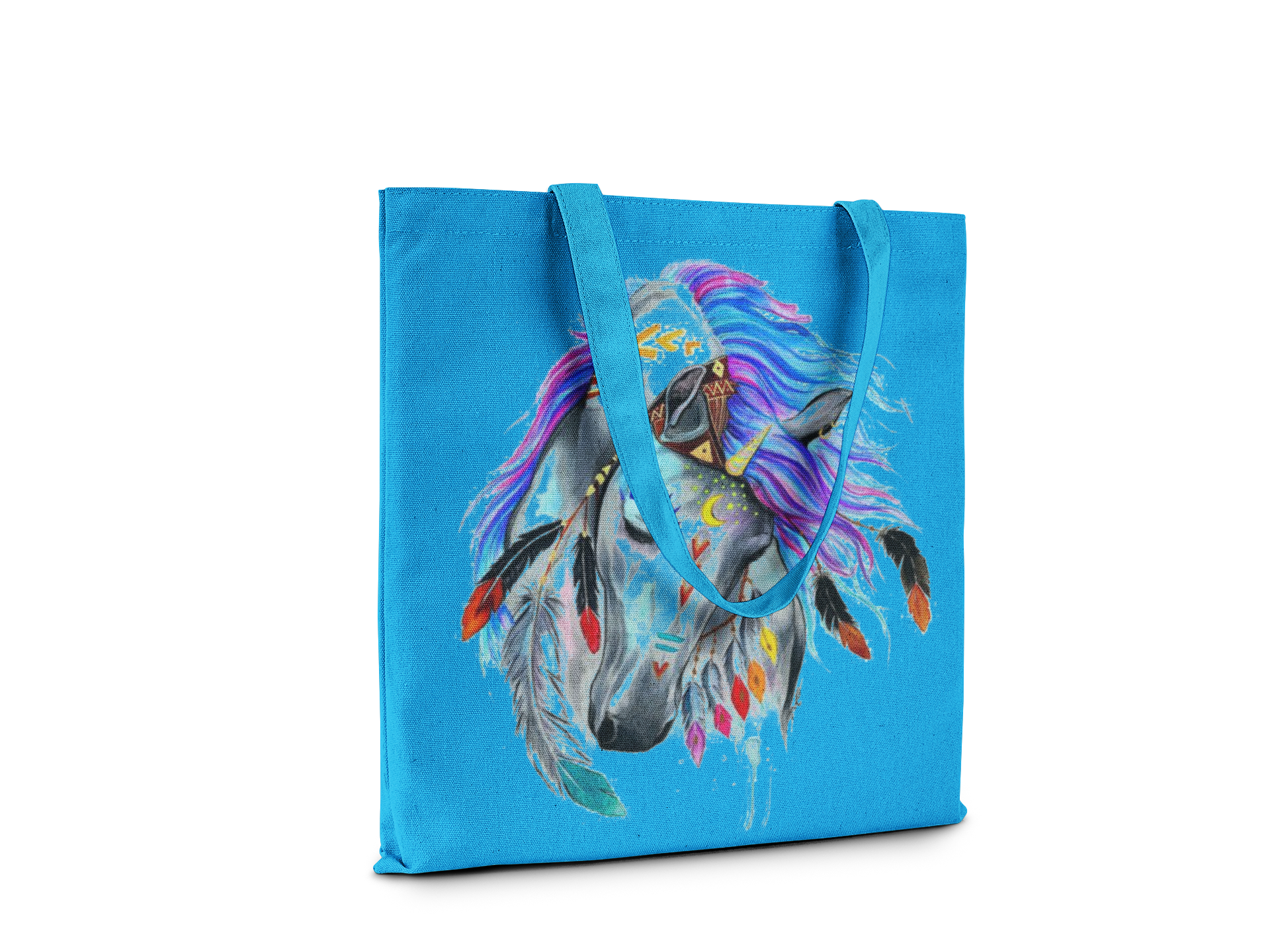 Blue tote bag with a colorful horse design on a white background