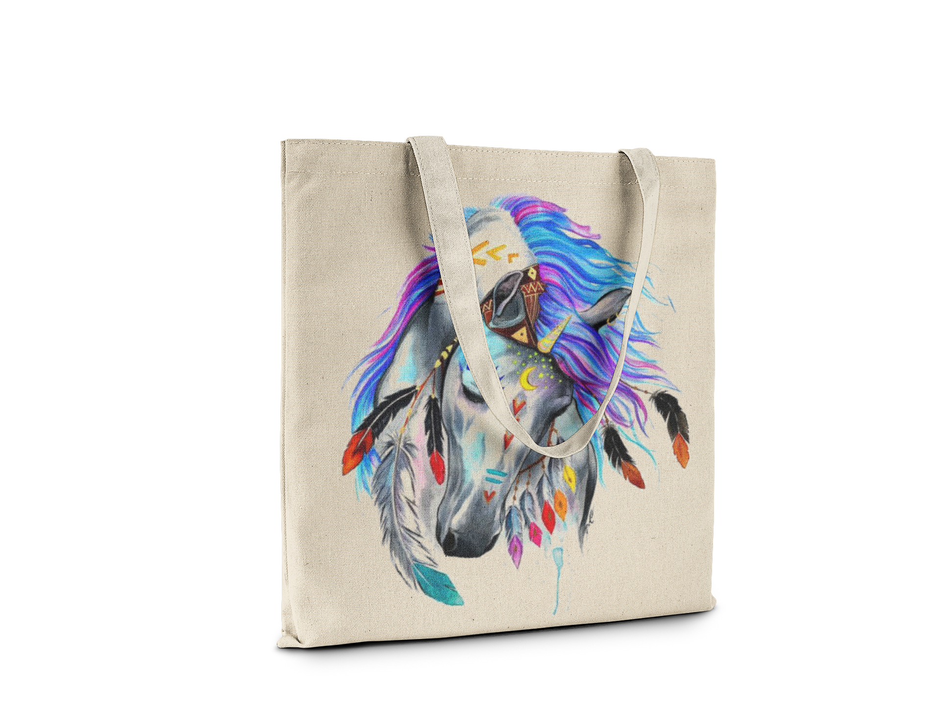 Beige tote bag with a colorful horse design on a white background