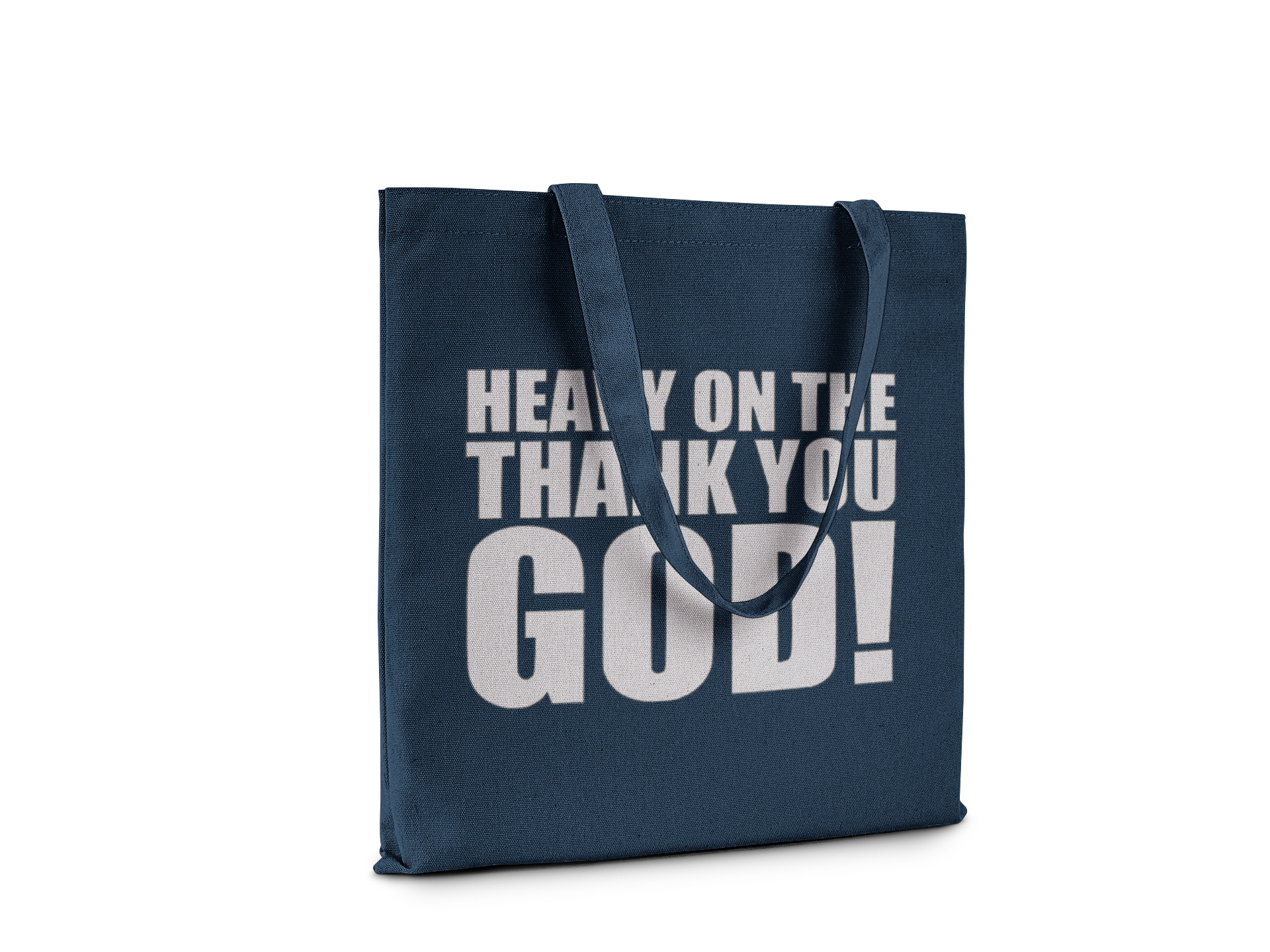 Navy blue tote bag with white text on a white background