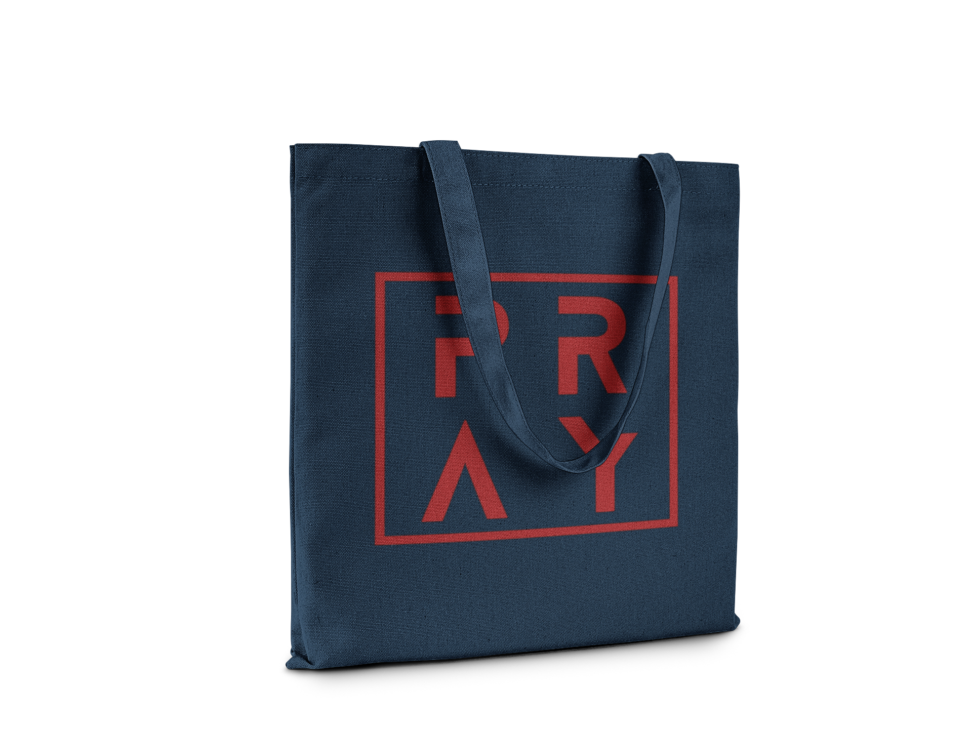 Navy tote bag with 'PRAY' printed in red on a white background