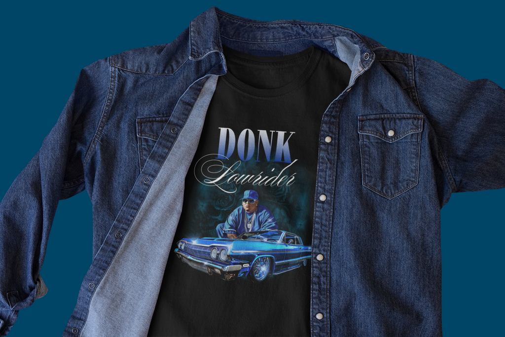 Black t-shirt with 'DONK Lowrider' graphic and denim jacket on blue background