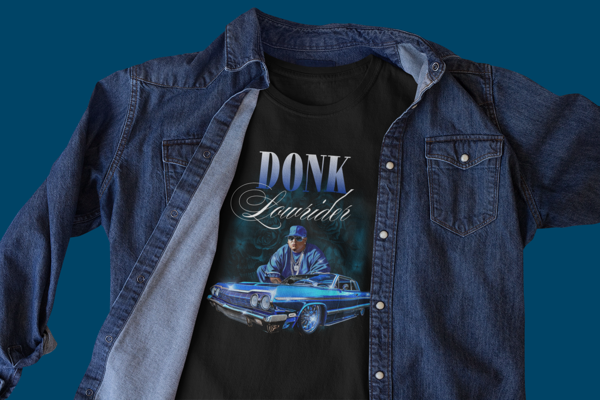 Black t-shirt with 'DONK Lowrider' graphic and denim jacket on blue background