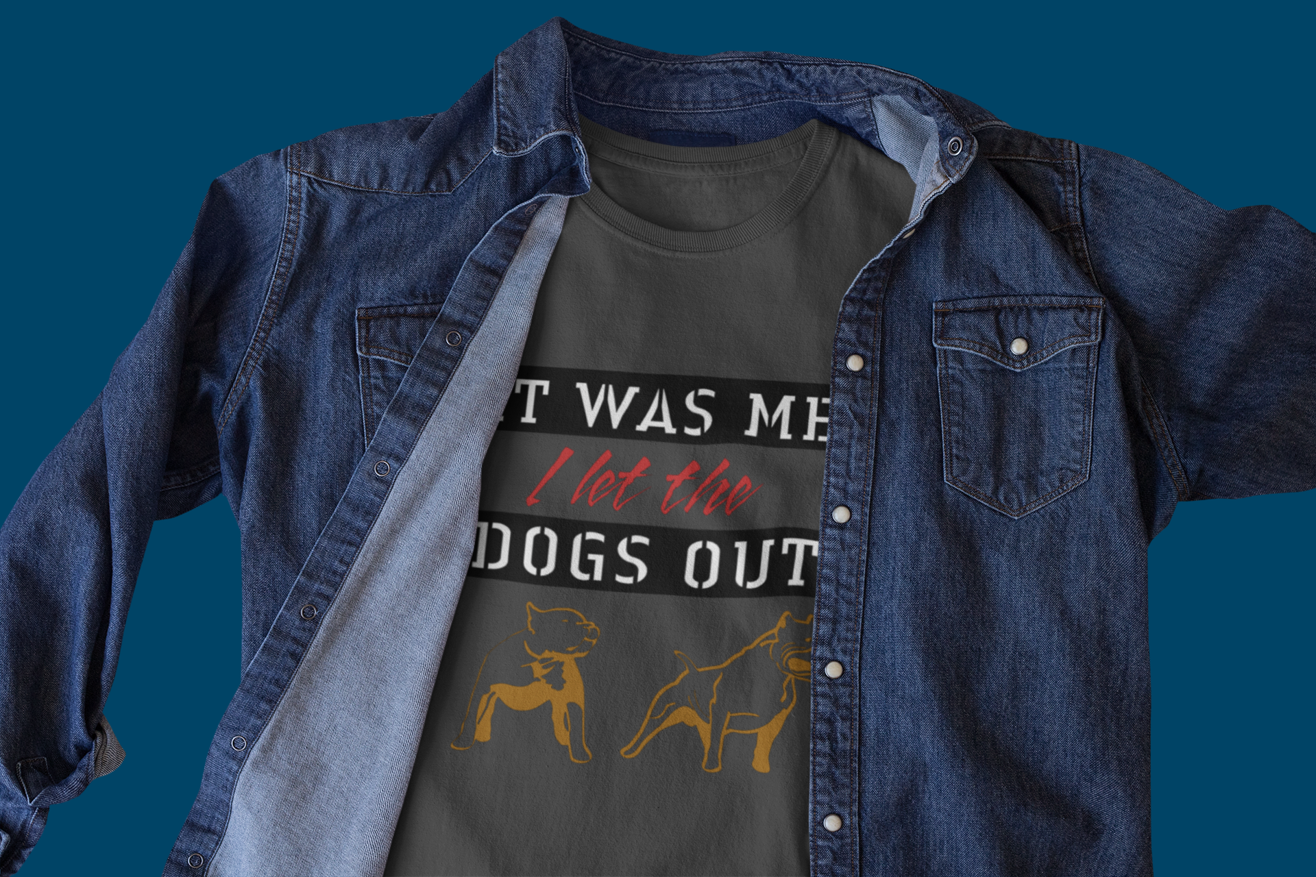 Dark denim shirt over a graphic t-shirt with text and dog illustrations on a blue background