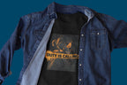 Black t-shirt with 'Duty is Calling' graphic under a denim jacket on a blue background