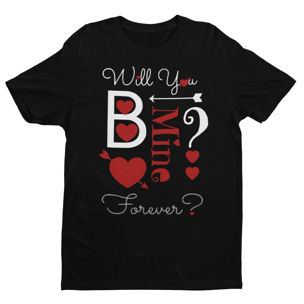 Black t-shirt with Valentine's Day-themed text and graphics on a white background