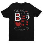 Black t-shirt with Valentine's Day-themed text and graphics on a white background