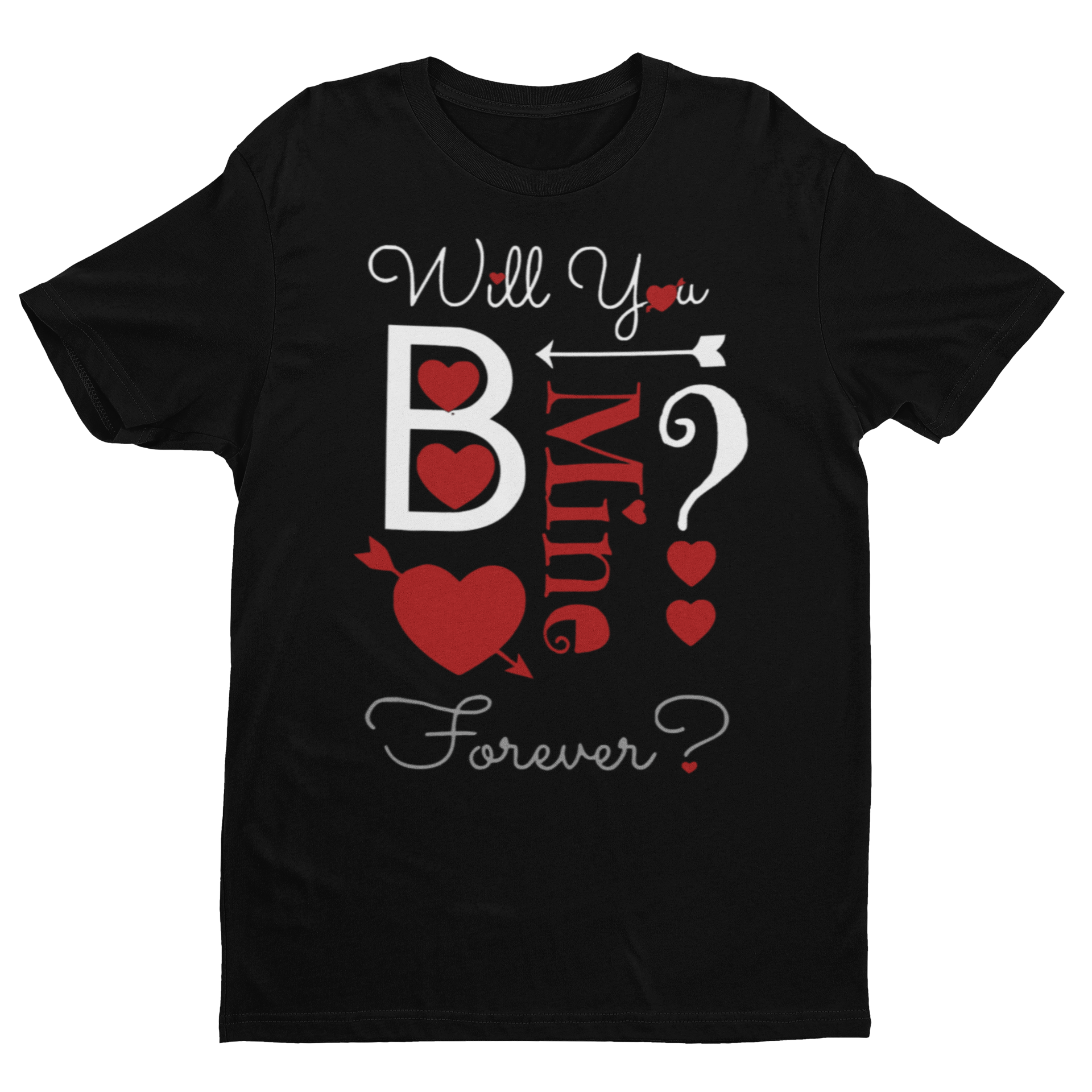 Black t-shirt with Valentine's Day-themed text and graphics on a white background