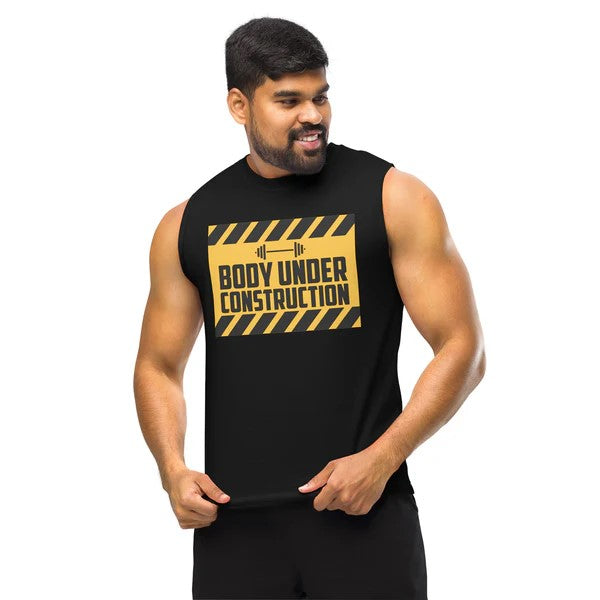 Man wearing a black sleeveless shirt with 'Body Under Construction' text on a white background