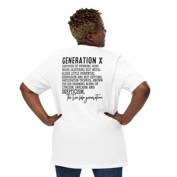 Generation X Graphic T-Shirt, 1965-1980 Nostalgic Print, Front and Back Design