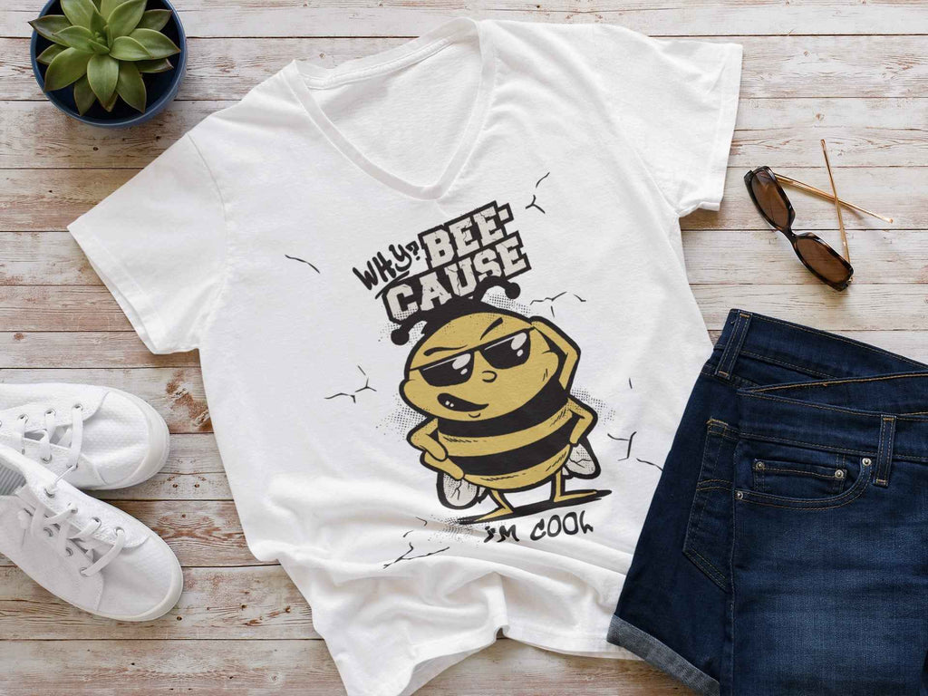 Funny Bee T-Shirt, Why Beecause I'm Cool Design, White Cotton Graphic Tee (US, Alpha, X-Large, Regular, Regular, White)