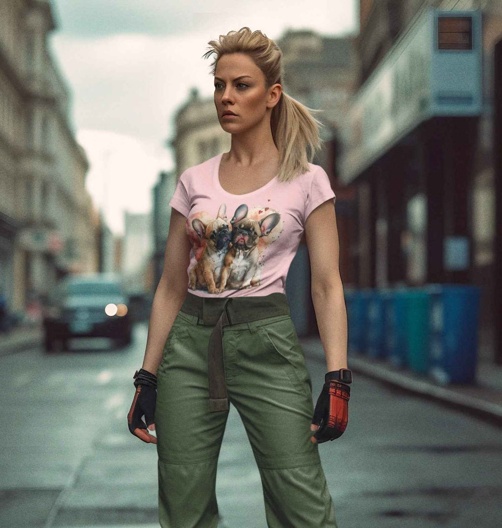 Women's French Bulldog Graphic T-Shirt, Pink Cotton, Short Sleeve Top