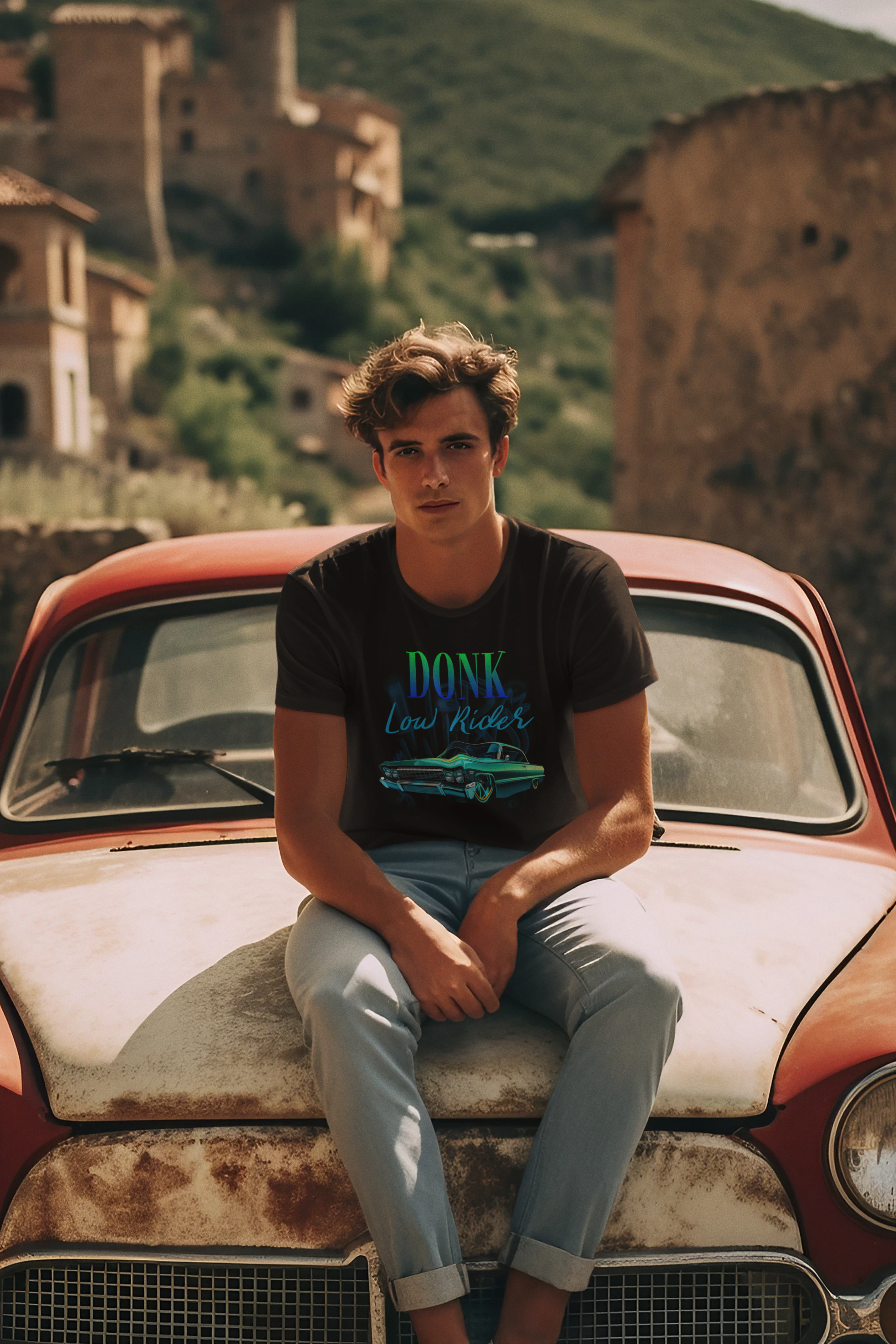Man sitting on an old car in a rustic village setting