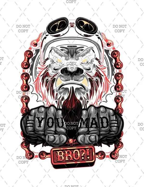 Gorilla Design DTF Transfer, Custom Iron-On Vinyl Graphic, You Mad Bro Motorcycle Rider Art for T-Shirts or Bags